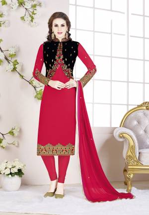 Celebrate This Festive Season With Beauty And Comfort Wearing This Designer Koti Patterned Straight Suit In Rani Pink & Black Color. Its Top Is Fabricated on Georgette Paired With Santoon Bottom And Chiffon Fabricated Dupatta. All Its Fabrics Are Light Weight And Ensures Superb Comfort All Day Long