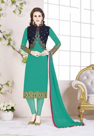 Celebrate This Festive Season With Beauty And Comfort Wearing This Designer Koti Patterned Straight Suit In Turquoise Blue And Navy Blue Color. Its Top Is Fabricated on Georgette Paired With Santoon Bottom And Chiffon Fabricated Dupatta. All Its Fabrics Are Light Weight And Ensures Superb Comfort All Day Long
