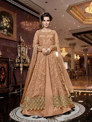 Rich And Elegant Looking Designer Indo-Western Suit Is Here In Dusty Peach Which Comes With Two Bottoms. Its Heavy Embroidered Top Is Fabricated On Net Paired With Satin Fabricated Embroidered Bottom , A Satin Fabricated Lehenga And Net Fabricated Dupatta. All Its Fabrics Are Light Weight And Easy To Carry Throughout The Gala.