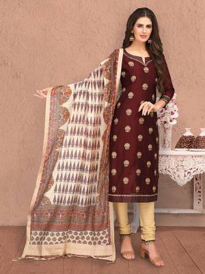 Celebrate This Festive Season In This Rich Designer Digital Printed Straight Suit In Maroon Colored Top Paired With Beige Bottom And Cream Dupatta. Its Top Is Fabricated On Banarasi Chanderi Silk Paired With Cotton Bottom And Chanderi Silk Dupatta. 