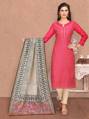Celebrate This Festive Season In This Rich Designer Digital Printed Straight Suit In Dark Pink Colored Top Paired With Cream Bottom And Multi Dupatta. Its Top Is Fabricated On Chanderi Silk Paired With Cotton Bottom And Chanderi Silk Dupatta. 