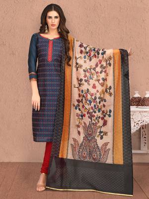 For Your Semi-Casual Wear, Grab This Designer Straight Suit In Navy Blue Colored Top Paired With Red Colored Bottom And Multi Dupatta. Its Lovely Top and Dupatta Are Fabricated On Chanderi Silk Paired With Cotton Based Bottom. 
