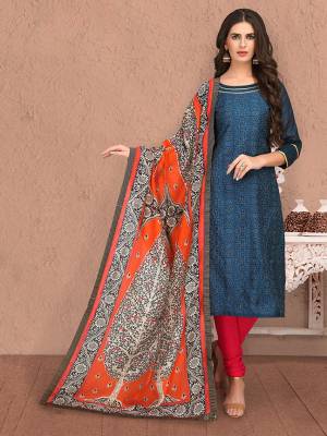 Celebrate This Festive Season In This Rich Designer Digital Printed Straight Suit In Blue Colored Top Paired With Red Bottom And Orange Dupatta. Its Top Is Fabricated On Banarasi Chanderi Silk Paired With Cotton Bottom And Chanderi Silk Dupatta. 
