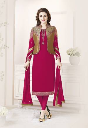 Celebrate This Festive Season With Beauty And Comfort Wearing This Designer Koti Patterned Straight Suit In Dark Pink & Golden Color. Its Top Is Fabricated on Georgette Paired With Santoon Bottom And Chiffon Fabricated Dupatta. All Its Fabrics Are Light Weight And Ensures Superb Comfort All Day Long