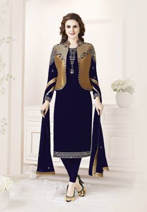 Celebrate This Festive Season With Beauty And Comfort Wearing This Designer Koti Patterned Straight Suit In Navy Blue & Golden Color. Its Top Is Fabricated on Georgette Paired With Santoon Bottom And Chiffon Fabricated Dupatta. All Its Fabrics Are Light Weight And Ensures Superb Comfort All Day Long
