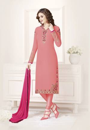Add This Beautiful Designer Straight Suit To Your Wardrobe In Pink Color Paired With Dark Pink Colored Dupatta. Its Top Is Fabricated On Georgette Paired With Santoon Bottom And Chiffon Dupatta. Its Fabric Is Light In Weight And Easy To Carry All Day Long.