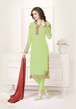 Add This Beautiful Designer Straight Suit To Your Wardrobe In Light Green Color Paired With Rust Red Colored Dupatta. Its Top Is Fabricated On Georgette Paired With Santoon Bottom And Chiffon Dupatta. Its Fabric Is Light In Weight And Easy To Carry All Day Long.