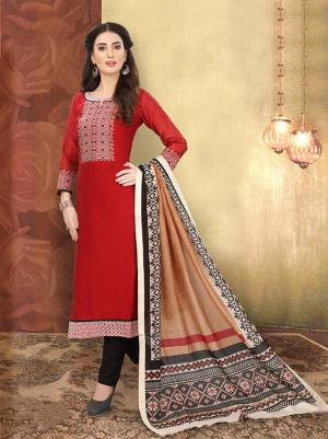 Add This Lovely Rich And Elegant Looking Silk Based Designer Straight Suit To Your Wardrobe In Red Color. Its Top Is Fabricated On Chanderi Silk Paired With Cotton Based Bottom And Art Silk Dupatta.