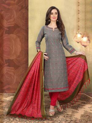 Add This Lovely Rich And Elegant Looking Silk Based Designer Straight Suit To Your Wardrobe In Dark Grey Color. Its Top Is Fabricated On Chanderi Silk Paired With Cotton Based Bottom And Art Silk Dupatta.