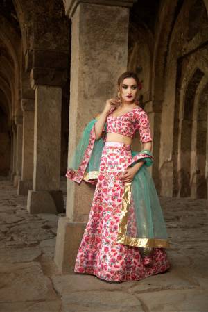 Look Pretty In This Designer Pink And Sky Blue Colored Lehenga Choli. Its Lovely Digital Printed Blouse And Lehenga Are Satin Based Paired With Red Fabricated Dupatta. Buy This Pretty Piece Now.