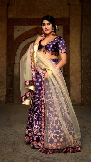 Look Pretty In This Designer Purple And Cream Colored Lehenga Choli. Its Lovely Digital Printed Blouse And Lehenga Are Satin Based Paired With Red Fabricated Dupatta. Buy This Pretty Piece Now.