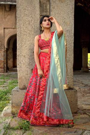 Look Pretty In This Designer Red And Sky Blue Colored Lehenga Choli. Its Lovely Digital Printed Blouse And Lehenga Are Satin Based Paired With Red Fabricated Dupatta. Buy This Pretty Piece Now.