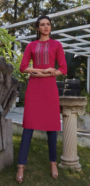 Grab This Readymade Straight Kurti In Dark Pink Color Fabricated On Rayon. It Is Beautified With Pretty Elegant Minimal Thread Embroidery. You Can Pair This Up With Same Or Contrasting Colored Leggings Or Pants. 