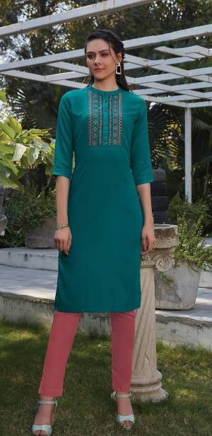 Grab This Readymade Straight Kurti In Sea Blue Color Fabricated On Rayon. It Is Beautified With Pretty Elegant Minimal Thread Embroidery. You Can Pair This Up With Same Or Contrasting Colored Leggings Or Pants. 