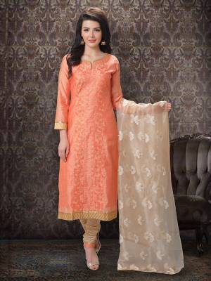 Add This Lovely Rich And Elegant Looking Silk Based Designer Straight Suit To Your Wardrobe In Orange Color. Its Top Is Fabricated On Jacquard Silk Paired With Cotton Based Bottom And Orgenza Silk Dupatta.