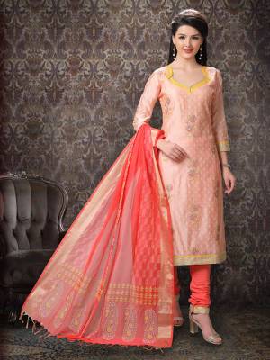 Add This Lovely Rich And Elegant Looking Silk Based Designer Straight Suit To Your Wardrobe In Light Peach Color. Its Top Is Fabricated On Chanderi Silk Paired With Cotton Based Bottom And Chanderi Silk Dupatta.