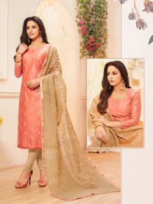 Grab This Pretty Designer Straight Suit To Your Wardrobe In Pink Colored Top Paired With Beige Colored Bottom And Dupatta. This Pretty Top Is Fabricated On Modal Silk Paired With Cotton Bottom And Net Fabricated Dupatta. 