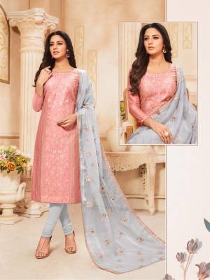 Simple And Elegant Looking Suit Here In Pink Colored Top Paired With Grey Colored Bottom And Dupatta. Its Top Is Modal Silk Based Paired With Cotton Bottom And Orgenza Fabricated Embroidered Dupatta. Buy This Designer Straight Suit Now. 
