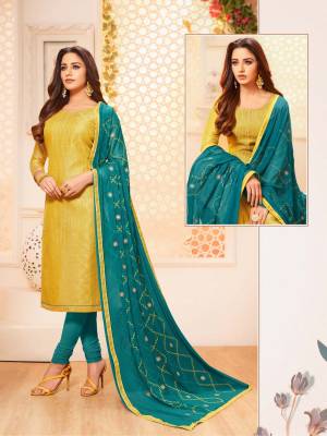 Flaunt Your Rich And Elegant Taste In This Designer Straight Suit In Peach Green Colored Top Paired With Contrasting Teal Blue Colored Bottom And Dupatta. Its Top Is Silk based Paired With Cotton Bottom And  Chiffon Fabricated Dupatta. 