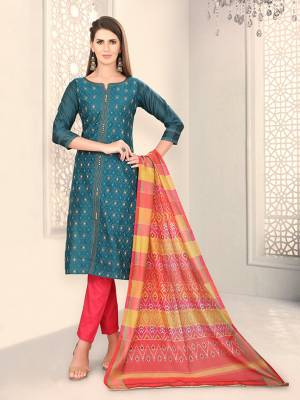 Add This Lovely Rich And Elegant Looking Chanderi Silk Based Designer Straight Suit To Your Wardrobe In Teal Blue Color. Its Rich Fabric And Unique Color Pallete Will Definitely Earn You Lots Of Compliments From Onlookers. 