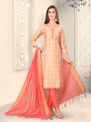 Add This Lovely Rich And Elegant Looking Chanderi Silk Based Designer Straight Suit To Your Wardrobe In Peach Color. Its Rich Fabric And Unique Color Pallete Will Definitely Earn You Lots Of Compliments From Onlookers. 