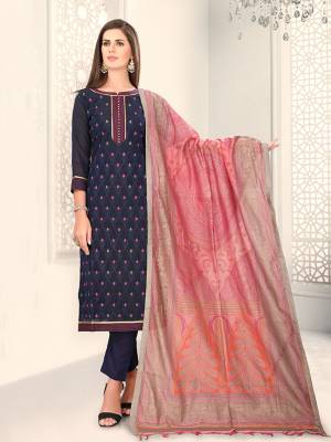 Add This Lovely Rich And Elegant Looking Chanderi Silk Based Designer Straight Suit To Your Wardrobe In Navy Blue Color. Its Rich Fabric And Unique Color Pallete Will Definitely Earn You Lots Of Compliments From Onlookers. 