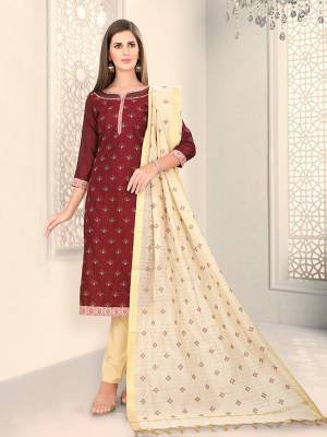 Add This Lovely Rich And Elegant Looking Chanderi Silk Based Designer Straight Suit To Your Wardrobe In Maroon Color. Its Rich Fabric And Unique Color Pallete Will Definitely Earn You Lots Of Compliments From Onlookers. 