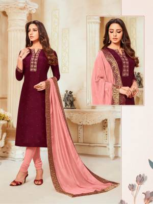 Here Is A Rich And Elegant Looking Designer Straight Suit In Magenta Pink Colored Top Paired With Pink Colored Bottom And Dupatta. Its Top Is Fabricated On Soft Silk Paired With Cotton Bottom And Modal Silk Dupatta. 