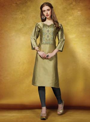 Here Is A Pretty Neck Printed Readymade Straight Kurti In Olive Green Color. This Kurti Is Fabricated On Tafeta Art Silk and Also Available In All Regular Sizes. Buy Now.