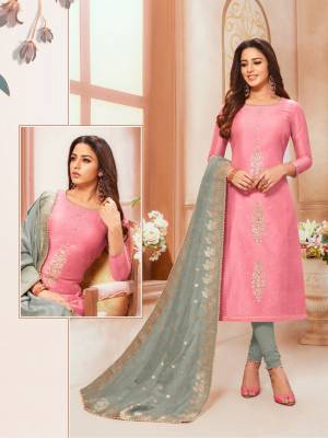 Look Pretty In This Designer Straight Suit In Pink Colored Top Paired With Grey Colored Bottom And Dupatta. Its Top Is Fabricated On Modal Silk Paired With Cotton Bottom And Jacquard Silk Dupatta. 