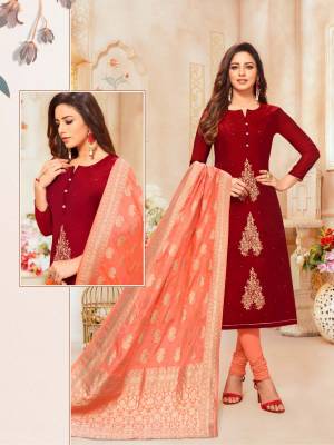 Look Pretty In This Designer Straight Suit In Maroon Colored Top Paired With Orange Colored Bottom And Dupatta. Its Top Is Fabricated On Modal Silk Paired With Cotton Bottom And Jacquard Silk Dupatta. 