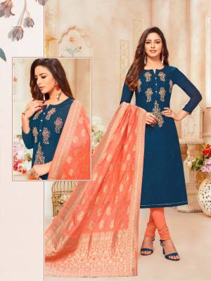 Look Pretty In This Designer Straight Suit In Blue Colored Top Paired With Orange Colored Bottom And Dupatta. Its Top Is Fabricated On Modal Silk Paired With Cotton Bottom And Jacquard Silk Dupatta. 