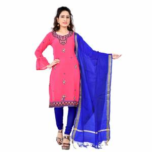 Grab This Pretty Simple Dress Material In Pink Colored Top Paired With Contrasting Royal Blue Colored bottom And Dupatta. Its Embroidered Top Is Georgette Based Paired With Cotton Bottom And Chanderi Dupatta. Buy This Dress Material Now. 