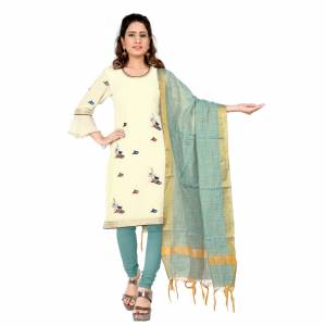 If Those Readymade Suit Does Not Lend You The Desired Comfort Than Grab This Simple Dres Material In Cream Georgette Based Top Paired With Grey Colored Cotton Fabricated Bottom And Chanderi Dupatta. 