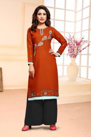 Grab This Pretty Embroidered Dress Material For Your Casual Or Semi-Casual Wear In Rust Orange Colored Top Paired With Black Colored Bottom. Its Top Is Cotton Based Paired With Soft Muslin Bottom. Get This Stitched As Per Your Desired Fit and Comfort.  