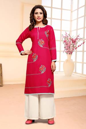 Add This Designer Dress Material In Rani Pink colored Top Paired With White Colored Bottom. Its Top Is cotton Based Paired With Muslin Bottom. Buy This Pretty Thread Embroidered Dress Material Now.
