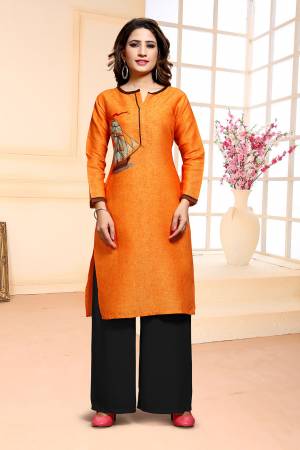 Grab This Pretty Embroidered Dress Material For Your Casual Or Semi-Casual Wear In Orange Colored Top Paired With Black Colored Bottom. Its Top Is Cotton Based Paired With Soft Muslin Bottom. Get This Stitched As Per Your Desired Fit and Comfort.  