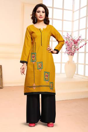 Add This Designer Dress Material In Yellow colored Top Paired With Black Colored Bottom. Its Top Is cotton Based Paired With Muslin Bottom. Buy This Pretty Thread Embroidered Dress Material Now.