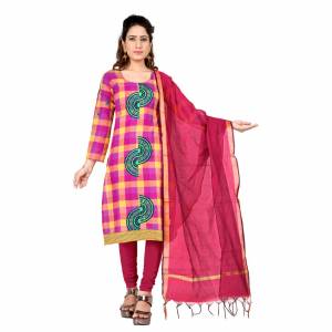 Simple And Elegant Suit Is Here For Your Casual Or Semi-Casual Wear. This Pretty Dress Materal Is In Dark Pink And Yellow Color. Its Top Is South Cotton Based Paired With Cotton Bottom And Chanderi Dupatta. 