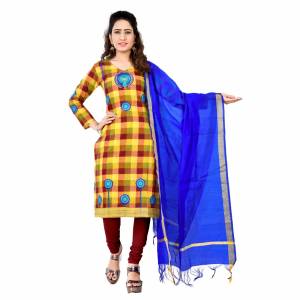 Here Is Pretty Dress Material In Brown And Yellow Color, Its Top IS Fabricated On South cotton Paired With Cotton Bottom And Chanderi dupatta. Get This Dress Material Stitched As Per Your Desired Fit And Comfort. 