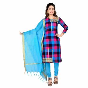 Simple And Elegant Suit Is Here For Your Casual Or Semi-Casual Wear. This Pretty Dress Materal Is In Blue And Pink Color. Its Top Is South Cotton Based Paired With Cotton Bottom And Chanderi Dupatta. 