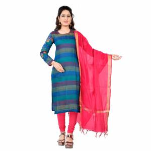 Here Is Pretty Dress Material In Blue And Dark Pink Color, Its Top IS Fabricated On South cotton Paired With Cotton Bottom And Chanderi dupatta. Get This Dress Material Stitched As Per Your Desired Fit And Comfort. 