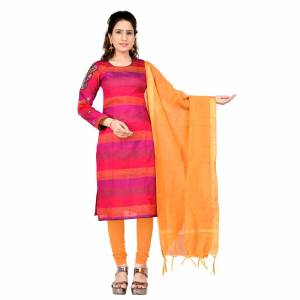 Simple And Elegant Suit Is Here For Your Casual Or Semi-Casual Wear. This Pretty Dress Materal Is In Dark Pink And Light Orange Color. Its Top Is South Cotton Based Paired With Cotton Bottom And Chanderi Dupatta. 