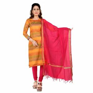 Here Is Pretty Dress Material In Musturd Yellow & Dark Pink Color, Its Top IS Fabricated On South cotton Paired With Cotton Bottom And Chanderi dupatta. Get This Dress Material Stitched As Per Your Desired Fit And Comfort. 