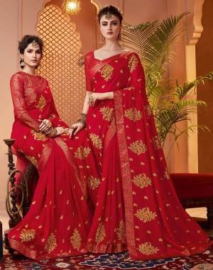 Grab This Pretty Attractive Saree In Red Color. This Saree Is?Fabricated On Soft Art Silk Paired With Brocade Fabricated Blouse. It Has Attractive Jari Embroidered Motifs Highlited With Stone Work. Its Rich Fabric And Color Will Earn You Lots Of Compliments From Onlookers.