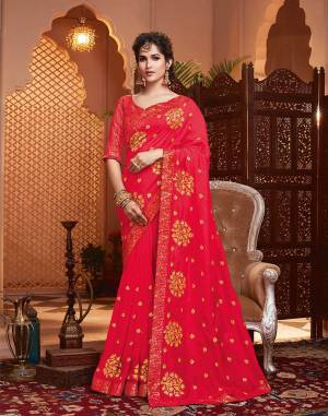 Grab This Pretty Attractive Saree In Crimson Red Color. This Saree Is?Fabricated On Soft Art Silk Paired With Brocade Fabricated Blouse. It Has Attractive Jari Embroidered Motifs Highlited With Stone Work. Its Rich Fabric And Color Will Earn You Lots Of Compliments From Onlookers.