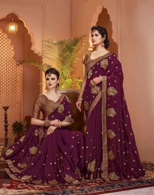Grab This Pretty Attractive Saree In Purple Color. This Saree Is?Fabricated On Soft Art Silk Paired With Brocade Fabricated Blouse. It Has Attractive Jari Embroidered Motifs Highlited With Stone Work. Its Rich Fabric And Color Will Earn You Lots Of Compliments From Onlookers.