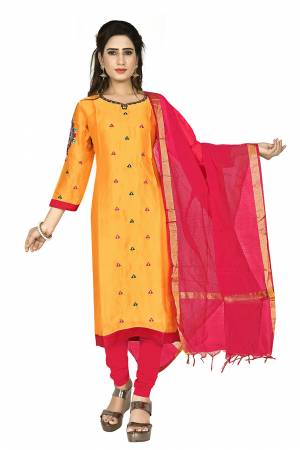 Simple And Elegant Suit Is Here For Your Casual Or Semi-Casual Wear. This Pretty Dress Materal Is In Musturd Yellow & Red Color. Its Top Is Satin Georgette Based Paired With Santoon Bottom And Chanderi Dupatta.