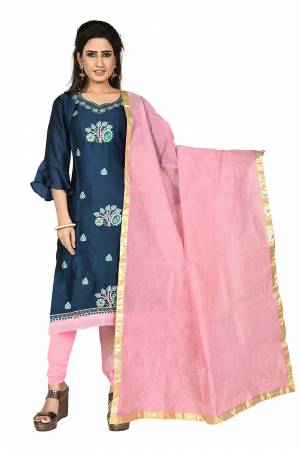 Here Is Pretty Dress Material In Navy Blue & Pink Color, Its Top?IS Fabricated On Satin Georgette Paired With Santoon Bottom And Chanderi dupatta. Get This Dress Material Stitched As Per Your Desired Fit And Comfort