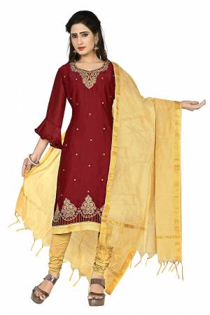 Here Is Pretty Dress Material In Maroon & Occur Yellow Color, Its Top?IS Fabricated On Satin Georgette Paired With Santoon Bottom And Chanderi dupatta. Get This Dress Material Stitched As Per Your Desired Fit And Comfort